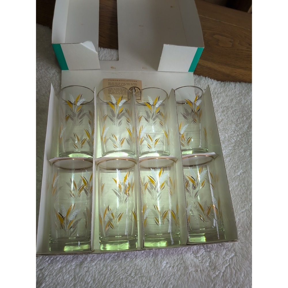 Set of 8 Vintage Libbey Informals Glasses Tumblers Gold Wheat Design NIBβ